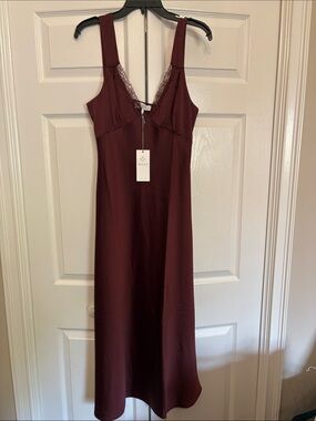 Wayf Burgundy Lace-Trim Midi Slip Dress